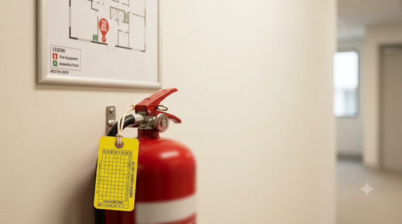An inspection tag hanging from a wall-mounted fire extinguisher in a building corridor.