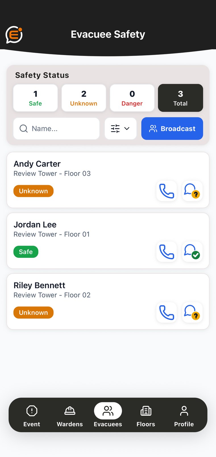 Emredi Respond app shown with sample data: the Evacuee Safety list with safe, unknown and danger counts, each person's status, and call and message actions for each person