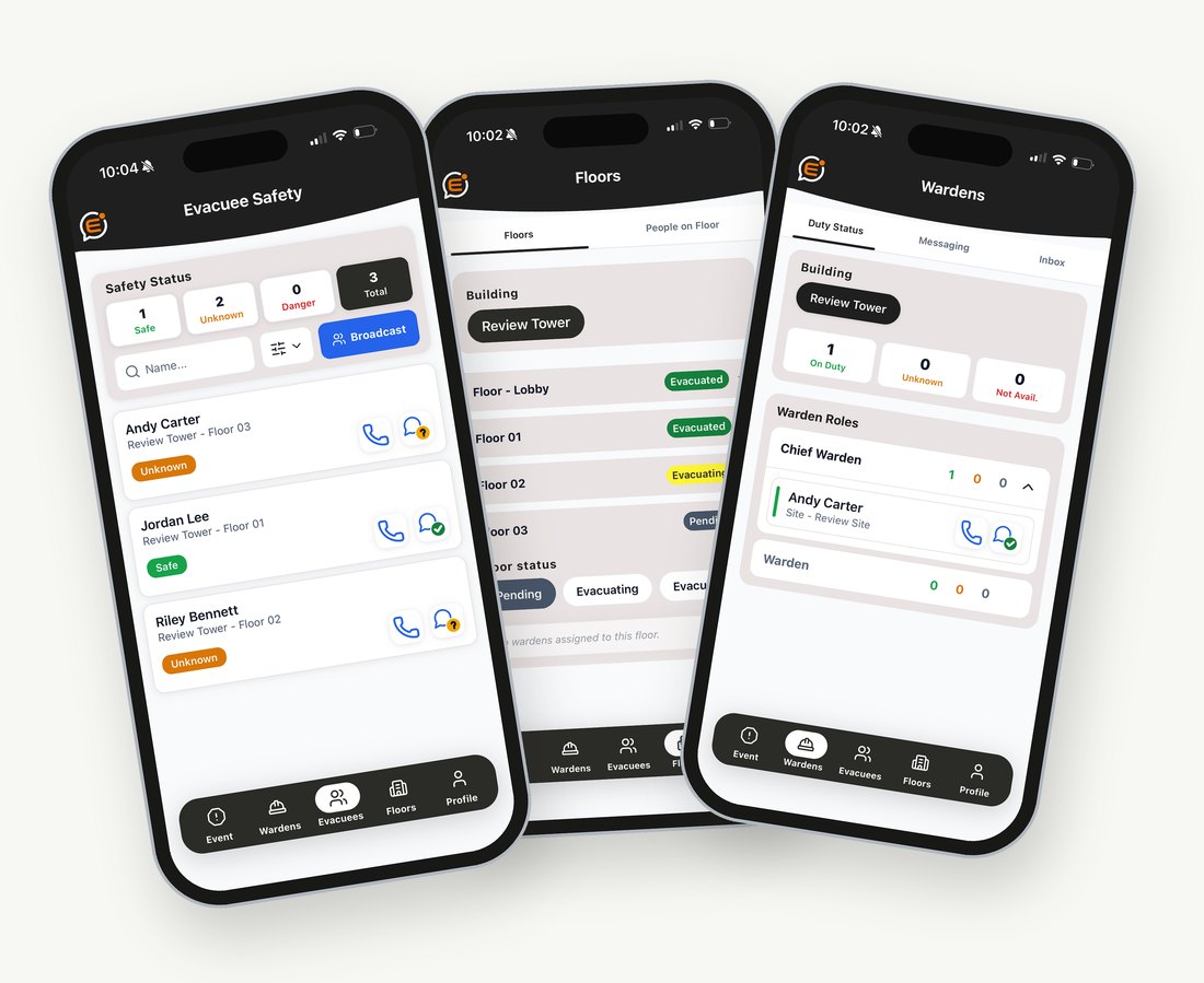 Emredi Respond on three phones, shown with sample data: the Evacuee Safety list with safe, unknown and danger counts, floor-by-floor evacuation status, and the Wardens duty status screen