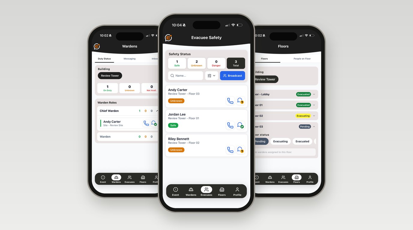 Emredi Respond app shown with sample data on three phones: the Wardens screen with duty status and warden roles, the Evacuee Safety list with safe, unknown and danger counts, and the Floors screen showing each floor's evacuation status