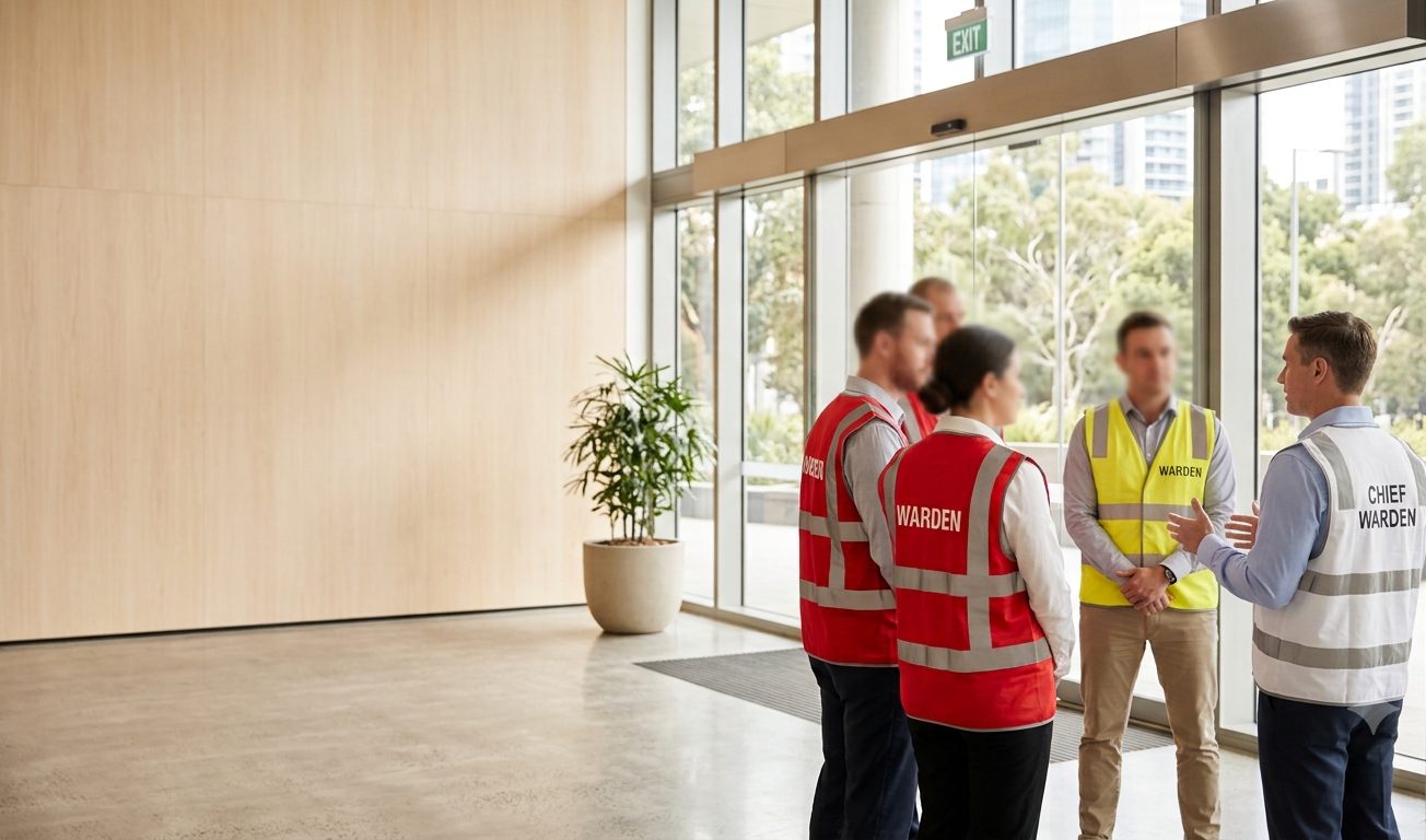 A safety partner briefing a client's warden team in the lobby of the building they look after.