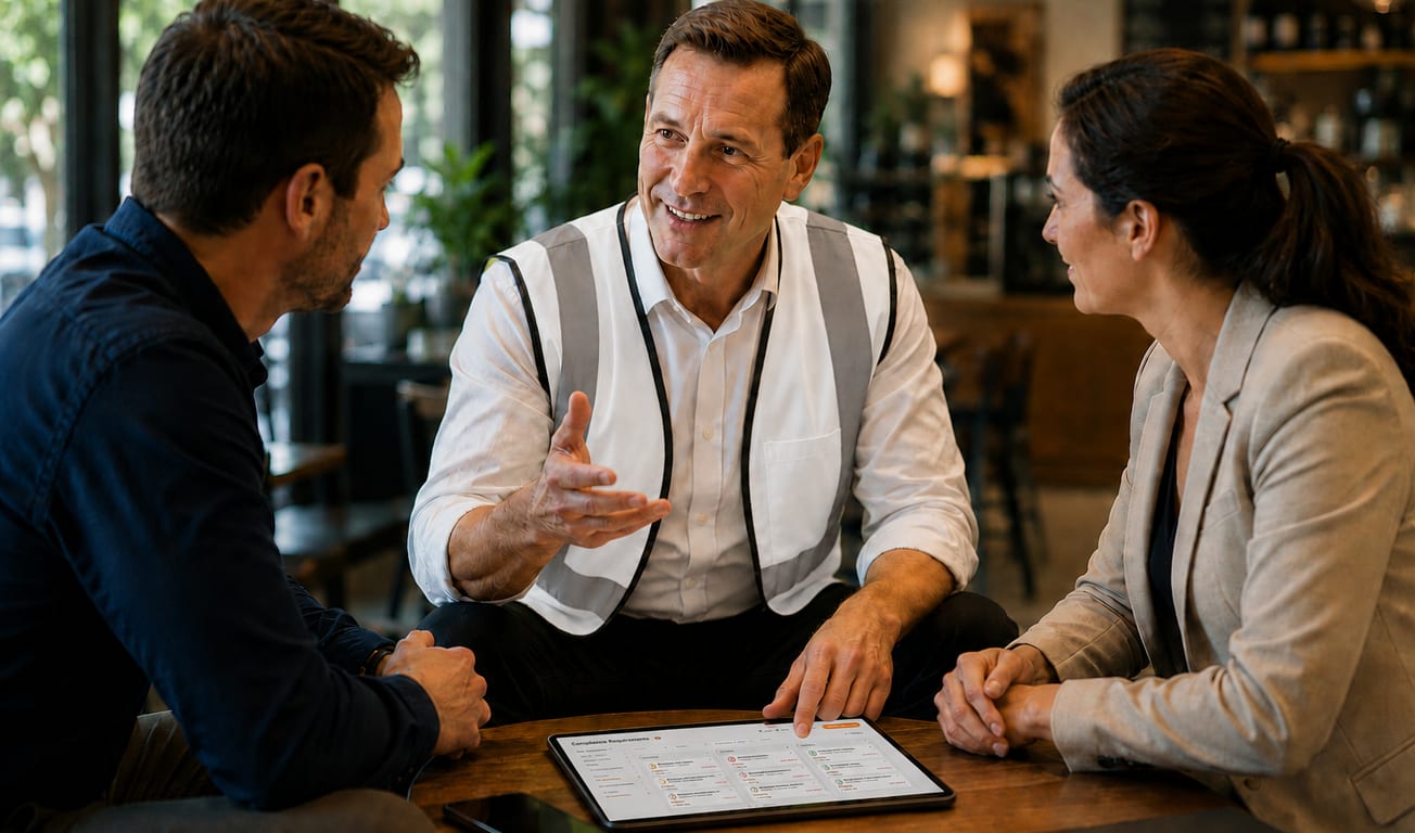 A safety partner talking two clients through their compliance requirements on a tablet showing the Emredi portal.