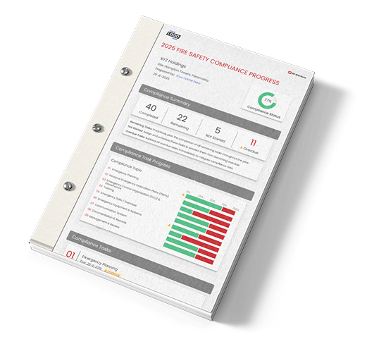 A sample fire safety compliance progress report produced for a client, presented as a bound document: overall completion, task counts and per-requirement progress bars
